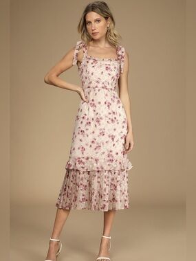Lulus Pink Floral Square Neck Knot Straps Dress, Wedding Vacation - XL